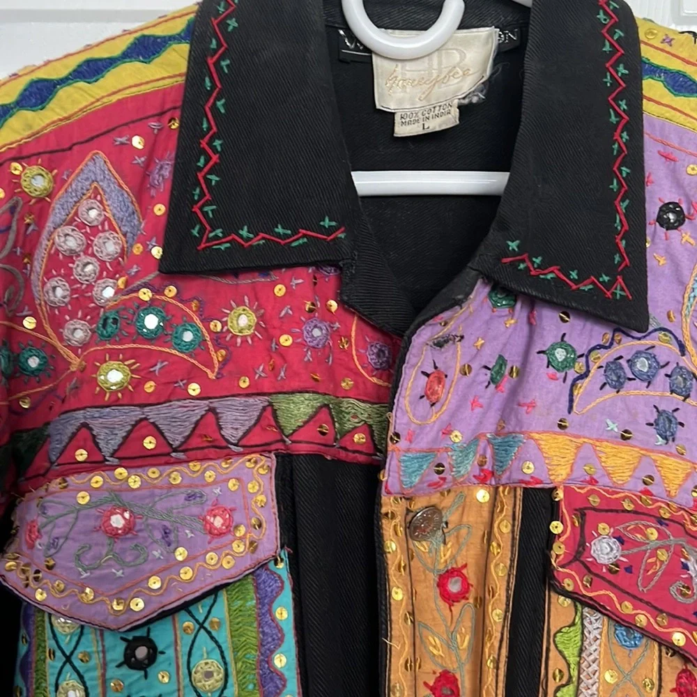 Honeybee, black denim jacket, embellished, size L, vintage circa  late 1980's - Picture 4 of 4